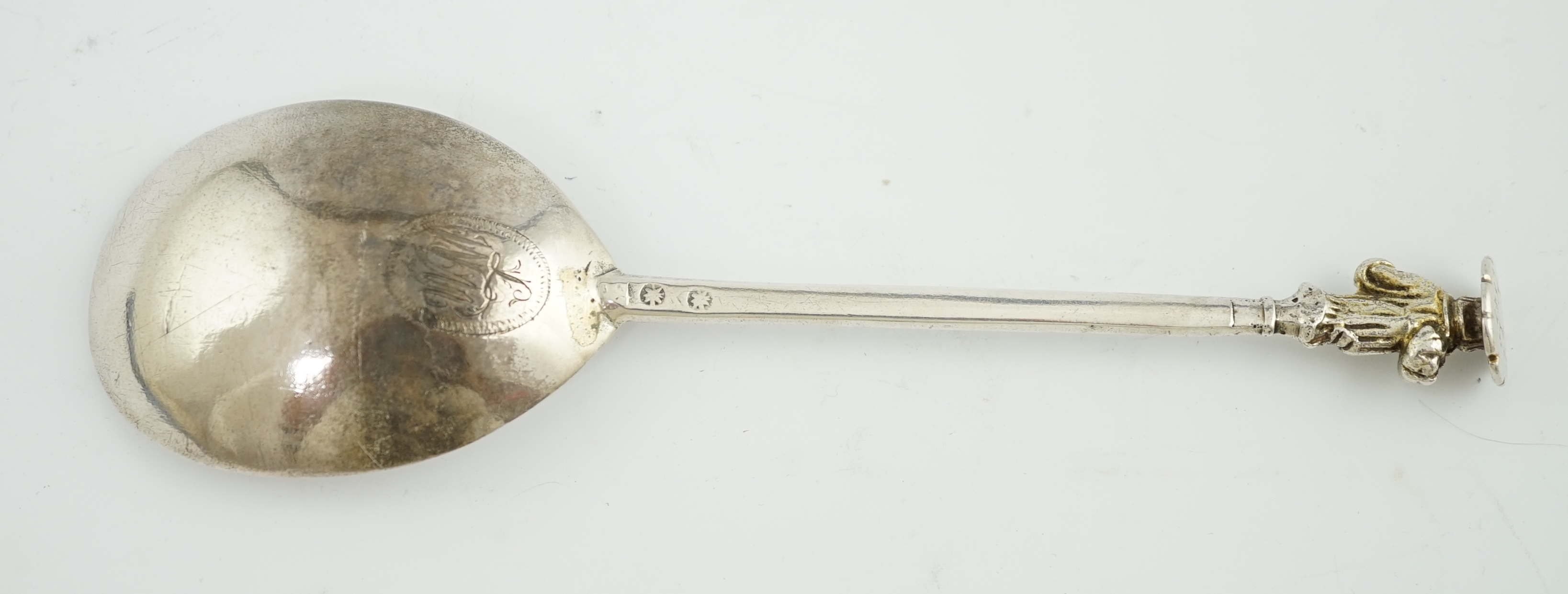 A Charles I West Country provincial parcel gilt silver apostle spoon, possibly Bristol